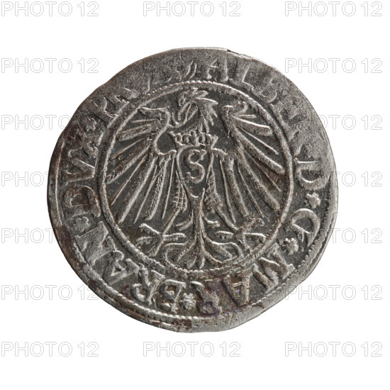 grosz, Straub (Strawb), Heinrich, R0 (rarity), Albrecht Hohenzollern (Prince of Prussia; 1490–1568) — iconography: eagles, Hohenzollern (coat of arms), male busts in armor. Obverse: Prussian eagle, on its chest a crowned letter S; in the rim, between pearl-shaped borders, inscription ALBE *D*G*MAR*BRAN*DVX*P. Reverse: male bust in armor in profile turned to the right; short hair, long beard with sideburns, dividing the inner border; in the rim, between pearl-shaped borders, inscription beginning with the Hohenzollern shield EX*FIDE*VIVIT*I54Z*; dated 1542, Königsberg, Ducal Prussia (1525–1701). Coin: diameter 23.8 mm, weight 1.90 g, axis 20 degrees.