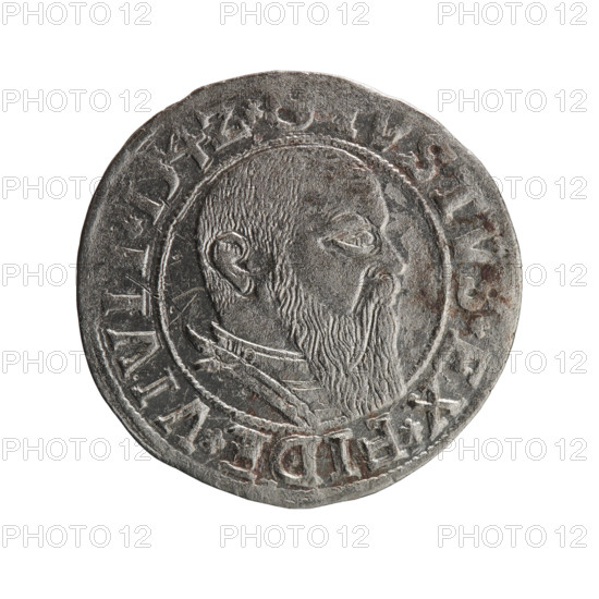 grosz, Straub (Strawb), Heinrich, R0 (rarity), Albrecht Hohenzollern (Prince of Prussia; 1490–1568) — iconography, eagles, Hohenzollern (coat of arms), male busts in armor. Obverse: Prussian eagle, on its chest a crowned letter S; in the rim, between the pearl-shaped borders, inscription ALBE *D*G*MAR*BRAN*DVX*P. Reverse: male bust in armor in profile turned to the right; short hair, long beard with sideburns, dividing the inner border; in the rim, between the pearl-shaped borders, an inscription beginning with the Hohenzollern shield, EX*FIDE*VIVIT*I54Z*, dated 1542, Königsberg, Ducal Prussia (1525–1701). Coin: diameter 23.8 mm, weight 1.90 g, axis 20 degrees.