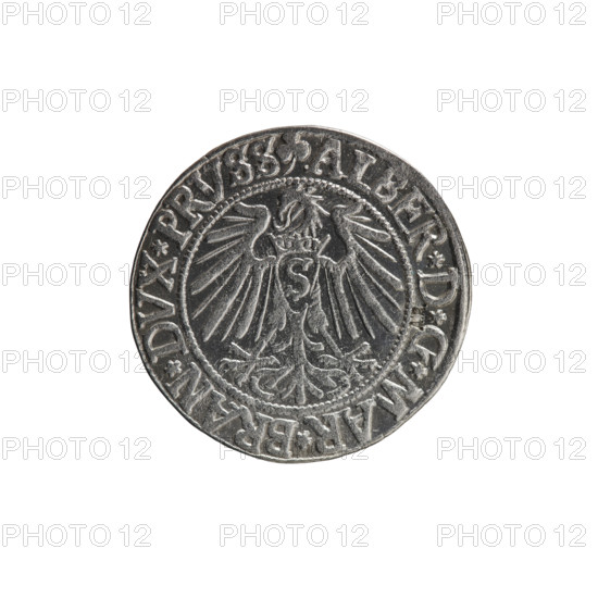 Grosz, Straub (Strawb), Heinrich, R0 (rarity). Albrecht Hohenzollern (Prince of Prussia; 1490–1568) — iconography: Hohenzollern coat of arms, eagles, male busts in armor. Obverse: Prussian eagle, on its chest the crowned letter S; in the rim, between pearl-shaped borders, an inscription beginning with a trefoil ALBER*D*G*MAR*BRAN*DVX*PRVSS. Reverse: male bust in armor in profile turned to the right; short hair, long beard with sideburns, dividing the inner border; in the rim, between pearl-shaped borders, an inscription beginning with the Hohenzollern shield *IVSTVS*EX*FIDE*VIVIT*I54Z*. 1542, Königsberg, Ducal Prussia (1525–1701). Coin: diameter 23.5 mm, weight 2.05 g, axis 45°.