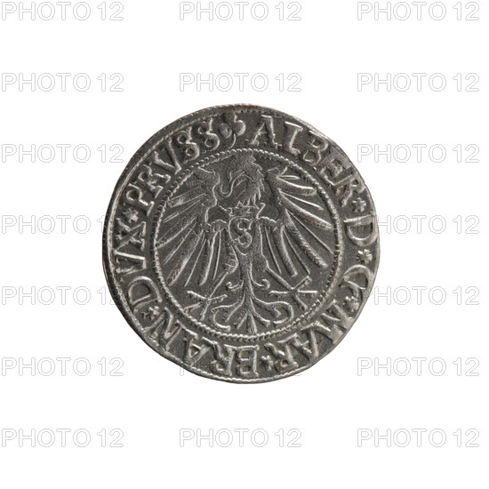 grosz, Straub (Strawb), Heinrich, R0 (rarity), Albrecht Hohenzollern (Prince of Prussia; 1490–1568) - iconography, Hohenzollern (coat of arms), male busts in armour, eagles. Obv.: Prussian eagle, on its chest the crowned letter S; in rim between pearl-shaped borders an inscription beginning with a trefoil: ALBER*D*G*MAR*BRAN*DVX*PRVSS. Rev.: male bust in armour in profile to the right; short hair, long beard with sideburns, dividing the inner border; in rim between pearl-shaped borders an inscription beginning with the Hohenzollern shield: *IVSTVS*EX*FIDE*VIVIT*I54Z*. 1542, Königsberg, Ducal Prussia (1525–1701). Coin: diameter 23.6 mm, weight 1.98 g, axis 200°.