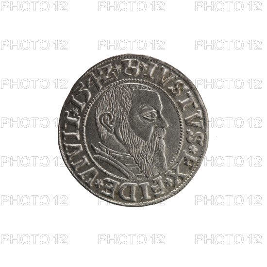 Grosz, Straub (Strawb), Heinrich, R0 (rarity). Albrecht Hohenzollern (Prince of Prussia; 1490–1568) — iconography: Hohenzollern coat of arms. Male busts in armour; eagles. Obverse: Prussian eagle, on its chest the crowned letter S. In the rim, between pearl-shaped borders, an inscription beginning with a trefoil: ALBER*D*G*MAR*BRAN*DVX*PRVSS. Reverse: male bust in armour in profile turned to the right; short hair, long beard with sideburns, dividing the inner border. In the rim, between pearl-shaped borders, an inscription beginning with the Hohenzollern shield: *IVSTVS*EX*FIDE*VIVIT*I54Z*. 1542, Königsberg, Ducal Prussia (1525–1701). Coin: diameter 23.6 mm, weight 1.98 g, axis 200 degrees.