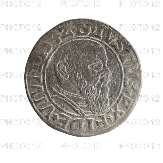 grosz, Straub (Strawb), Heinrich, R0 (rarity), eagles, Albrecht Hohenzollern (Prince of Prussia; 1490–1568) - iconography, Hohenzollern (coat of arms), male busts in armour. Obverse: Prussian eagle, on its chest the crowned letter S. In the rim, between the pearl-shaped borders, an inscription beginning with a trefoil ALBER*D*G*MA, AN*DVX*PRVSS. Reverse: male bust in armour in profile turned to the right; short hair, long beard with sideburns, dividing the inner border. In the rim, between the pearl-shaped borders, an inscription beginning with the Hohenzollern shield *IVSTVS*EX*FIDE*VIVIT, 4Z*, 1542, Königsberg, Ducal Prussia (1525–1701). Coin: diameter 23.3 mm, weight 1.83 g, axis 220°.