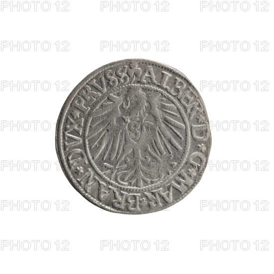 Obverse: Prussian eagle with crowned letter S on its chest; rim inscription beginning with a trefoil ALBER*D*G*MAR*BRAN*DVX*PRVSS. Reverse: male bust in armor in profile to the right; short hair, long beard with sideburns; inner border divided by Hohenzollern shield; rim inscription beginning with *IVSTVS*EX*FIDE*VIVIT*I54Z*. Maker: grosz, Straub (Strawb), Heinrich. Iconography: Albrecht Hohenzollern (Prince of Prussia; 1490–1568). Date: 1542, Königsberg, Ducal Prussia (1525–1701). Type: coin. Diameter: 23.7 mm. Weight: 1.90 g. Axis: 200°. R0 (rarity).