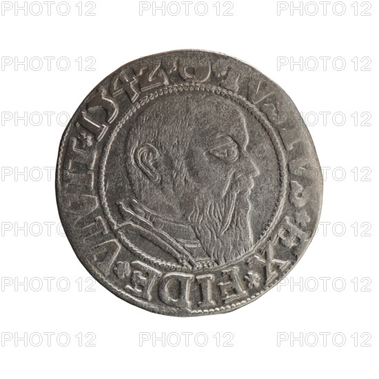 grosz, Straub (Strawb), Heinrich, R0 (rarity), eagles, Albrecht Hohenzollern (Prince of Prussia; 1490–1568) — iconography; Hohenzollern (coat of arms); male busts in armor. Obverse: Prussian eagle with crowned letter S on its chest; rim between pearl-shaped borders with inscription beginning with a trefoil, *G*MAR*, N*DVX*PRVSS. Reverse: male bust in armor in profile to the right; short hair, long beard with sideburns; inner border divided; rim between pearl-shaped borders with inscription beginning with the Hohenzollern shield *IV, *EX*FIDE*VIVIT*I54Z*. Date: 1542, Königsberg, Ducal Prussia (1525–1701). Coin: diameter 22.8 mm, weight 1.89 g, axis 280°.