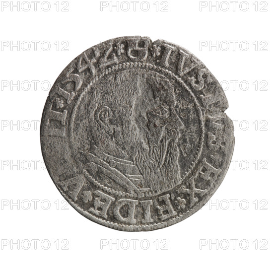 grosz, Straub (Strawb), Heinrich, R0 (rarity), eagles, Albrecht Hohenzollern (Prince of Prussia; 1490–1568) - iconography, male busts in armor, Hohenzollern (coat of arms). Obv.: Prussian eagle, on its chest the crowned letter S. In the rim, between pearl-shaped borders, an inscription beginning with a trefoil ALB, G*MAR*BRAN*DVX*PRVSS. Rev.: Male bust in armor in profile turned to the right; short hair, long beard with sideburns, dividing the inner border. In the rim, between the pearl-shaped borders, an inscription beginning with the Hohenzollern shield *IVS, S*EX*FIDE*V, IT*I54Z*. Date: 1542, place: Königsberg, Ducal Prussia (1525–1701). Coin; diameter 23.0 mm, weight 1.68 g, axis 20°.