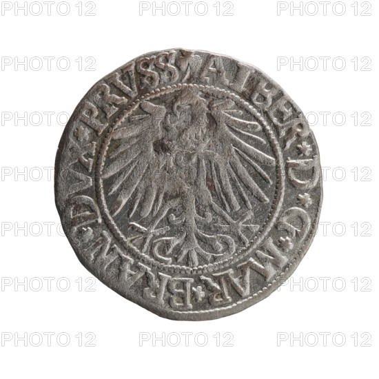 grosz, Straub (Strawb), Heinrich, R0 (rarity), eagles, Albrecht Hohenzollern (Prince of Prussia; 1490-1568) - iconography, Hohenzollern (coat of arms), male busts in armor, Obv. Prussian eagle, on its chest the crowned letter S. In the rim, between the pearl-shaped borders, an inscription beginning with a trefoil, ER*D*G*MAR*BRAN*DVX*PRVSS Rev. Male bust in armor in profile turned to the right; short hair, long beard with sideburns, dividing the inner border. In the rim, between the pearl-shaped borders, an inscription beginning with the Hohenzollern shield *IVSTVS*EX*FIDE*VIVIT*I54Z*, 1542, Königsberg, Ducal Prussia (1525-1701), coin, diameter 23.2 mm, weight 1.87 g, axis 45 degrees