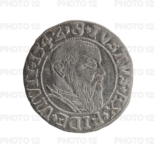 grosz, Straub (Strawb), Heinrich, R0 (rarity), eagles, Albrecht Hohenzollern (Prince of Prussia; 1490–1568) - iconography, Hohenzollern (coat of arms), male busts in armor, Obv. Prussian eagle, on its chest the crowned letter S. In the rim, between the pearl-shaped borders, an inscription beginning with a trefoil, ER*D*G*MAR*BRAN*DVX*PRVSS. Rev. Male bust in armor in profile turned to the right; short hair, long beard with sideburns, dividing the inner border. In the rim, between the pearl-shaped borders, an inscription beginning with the Hohenzollern shield *IVSTVS*EX*FIDE*VIVIT*I54Z*. 1542, Königsberg, Ducal Prussia (1525–1701). Coin: diameter 23.2 mm, weight 1.87 g, axis 45 degrees
