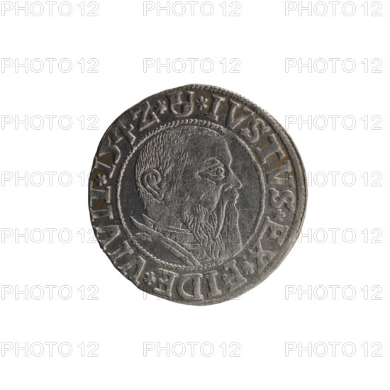 Heinrich Straub (Strawb) grosz, R0 (rarity). Albrecht Hohenzollern (Prince of Prussia; 1490–1568) — iconography: eagles, male busts in armor, Hohenzollern coat of arms. Obverse: Prussian eagle, on its chest the crowned letter S; in the rim between pearl-shaped borders an inscription beginning with a trefoil ALBER*D*G*MAR*BRAN*DVX*PRVSS. Reverse: male bust in armor in profile turned to the right; short hair, long beard with sideburns, inner border divided; in the rim between pearl-shaped borders an inscription beginning with the Hohenzollern shield *IVSTVS*EX*FIDE*VIVIT*I54Z*. 1542, Königsberg, Ducal Prussia (1525–1701). Coin: diameter 23.3 mm, weight 1.97 g, axis 315°