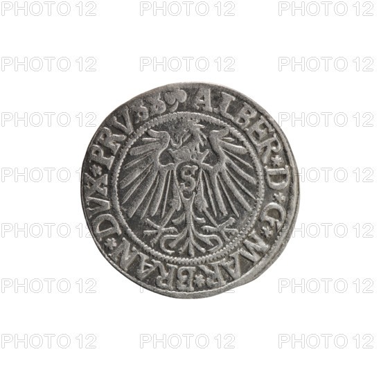 grosz, Straub (Strawb), Heinrich, R0 (rarity), Albrecht Hohenzollern (Prince of Prussia; 1490–1568) — iconography: male busts in armor, Hohenzollern coat of arms, eagles. Obv.: Prussian eagle with crowned letter S on its chest; in the rim between pearl-shaped borders an inscription beginning with a trefoil ALBER*D*G*MAR*BRAN*DVX*PRVSS. Rev.: Male bust in armor in profile to the right; short hair, long beard with sideburns, inner border divided by the Hohenzollern shield; rim inscription beginning *IVSTVS*EX*FIDE*VIVIT*I54Z*. 1542, Königsberg, Ducal Prussia (1525–1701). Coin: diameter 23.8 mm, weight 1.93 g, axis 225°.