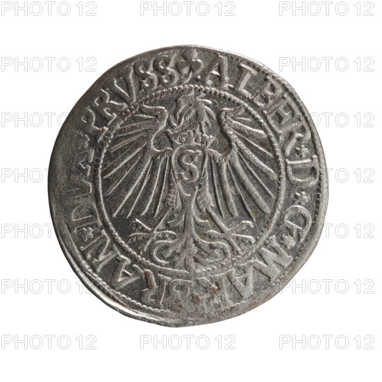 grosz, Straub (Strawb), Heinrich, R0 (rarity), Albrecht Hohenzollern (Prince of Prussia; 1490–1568) — iconography: eagles, Hohenzollern coat of arms; male busts in armour. Obverse: Prussian eagle, on its chest the crowned letter S; in the rim between pearl-shaped borders an inscription beginning with a trefoil ALBER*D*G*MA, RAN*DVX*PRVSS. Reverse: male bust in armour in profile turned to the right; short hair, long beard with sideburns, dividing the inner border; in the rim between pearl-shaped borders an inscription beginning with the Hohenzollern shield *IVSTVS*EX*FIDE*VIVIT*I5. Date: 1542. Place: Ducal Prussia (1525–1701), Königsberg. Coin: diameter 24.0 mm, weight 1.91 g, axis 200°.