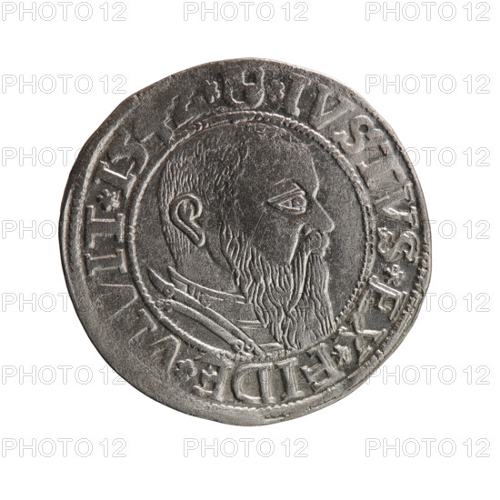 grosz, Straub (Strawb), Heinrich, R0 (rarity), Albrecht Hohenzollern (Prince of Prussia; 1490–1568) — iconography: eagles, Hohenzollern coat of arms; male busts in armour. Obverse: Prussian eagle, on its chest the crowned letter S; in the rim between pearl-shaped borders an inscription beginning with a trefoil ALBER*D*G*MA, RAN*DVX*PRVSS. Reverse: male bust in armour in profile turned right; short hair, long beard with sideburns, dividing the inner border; in the rim between the pearl-shaped borders an inscription beginning with the Hohenzollern shield *IVSTVS*EX*FIDE*VIVIT*I5. Date: 1542. Place: Ducal Prussia (1525–1701), Königsberg. Coin: diameter 24.0 mm, weight 1.91 g, axis 200°.