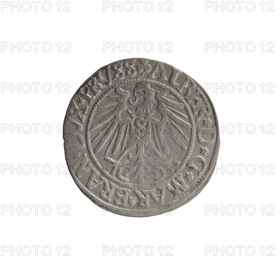 grosz; Straub (Strawb), Heinrich; R0 (rarity); eagles; Albrecht Hohenzollern (Prince of Prussia; 1490–1568) — iconography; Hohenzollern (coat of arms); male busts in armor. Obverse: Prussian eagle, on its chest the crowned letter S; in the rim, between pearl-shaped borders, inscription beginning with a trefoil ALBER*D*G*MAR*BRAN*DVX*PRVSS. Reverse: male bust in armor in profile turned to the right; short hair, long beard with sideburns, dividing the inner border; in the rim, between pearl-shaped borders, inscription beginning with the Hohenzollern shield *IVSTVS*EX*FIDE*VIVIT*I54Z*. Date: 1542. Place: Ducal Prussia, Königsberg. Coin: diameter 23.5 mm, weight 1.93 g, axis 45°.