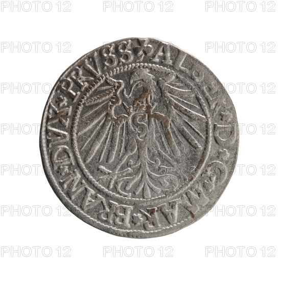 Albrecht Hohenzollern (Prince of Prussia; 1490–1568) depicted on a coin (Ducal Prussia, Königsberg, 1542). Obverse: Prussian eagle, on its chest the crowned letter S; rim between pearl-shaped borders bears an inscription beginning with a trefoil AL, ER*D*G*MAR*BRAN*DVX*PRVSS. Reverse: male bust in armor in profile turned to the right; short hair, long beard with sideburns; rim between pearl-shaped borders bears an inscription beginning with the Hohenzollern shield *IVSTVS*EX*FIDE*VIVIT*I54Z*. Iconography includes eagles, Hohenzollern coat of arms, male busts in armor. Minted 1542; coin diameter 22.9 mm, weight 1.98 g, axis 200°. Maker: Heinrich Straub (Strawb); rarity R0.