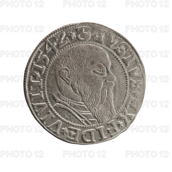 grosz, Straub (Strawb), Heinrich, R0 (rarity), Albrecht Hohenzollern (Prince of Prussia; 1490–1568) — iconography: eagles, Hohenzollern (coat of arms), male busts in armor. Obv.: Prussian eagle, on its chest the crowned letter S; in the rim, between pearl-shaped borders, an inscription beginning with a trefoil AL, ER*D*G*MAR*BRAN*DVX*PRVSS. Rev.: male bust in armor in profile to the right; short hair, long beard with sideburns, dividing the inner border; in the rim, between pearl-shaped borders, an inscription beginning with the Hohenzollern shield *IVSTVS*EX*FIDE*VIVIT*I54Z*. Date: 1542. Place: Ducal Prussia (1525–1701), Königsberg. Coin: diameter 22.9 mm; weight 1.98 g; axis 200°.