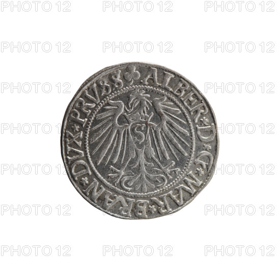 grosz, Straub (Strawb), Heinrich, R0 (rarity), eagles, Albrecht Hohenzollern (Prince of Prussia; 1490-1568) - iconography, Hohenzollern (coat of arms), male busts in armor, Obv. Prussian eagle, on his chest the crowned letter S. In the rim, between the pearl-shaped borders, an inscription beginning with a trefoil ALBER*D*G*MAR*BRAN*DVX*PRVSS. Rev. Male bust in armor in profile turned to the right; short hair, long beard with sideburns, dividing the inner border. In the rim, between the pearl-shaped borders, an inscription beginning with the Hohenzollern shield *IVSTVS*EX*FIDE*VIVIT*I54Z*. 1542, Ducal Prussia (1525-1701), Königsberg; coin, diameter 23.6 mm, weight 1.94 g, axis 45 degrees