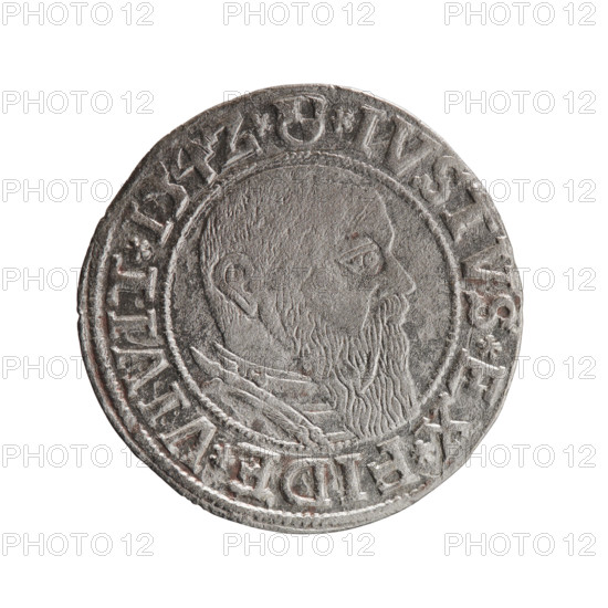 grosz; Straub (Strawb), Heinrich; R0 (rarity). Albrecht Hohenzollern (Prince of Prussia; 1490–1568). Iconography: eagles, Hohenzollern coat of arms, male busts in armor. Obverse: Prussian eagle, on his chest the crowned letter S; rim between pearl-shaped borders with inscription beginning with a trefoil ALBER*D*G*MAR*BRAN*DVX*PRVSS. Reverse: male bust in armor in profile turned to the right; short hair, long beard with sideburns; inner border divided. Rim between pearl-shaped borders with inscription beginning with the Hohenzollern shield *IVSTVS*EX*FIDE*VIVIT*I54Z*. Date: 1542. Place: Ducal Prussia (1525–1701), Königsberg. Coin: diameter 23.7 mm, weight 1.84 g, axis 135°.
