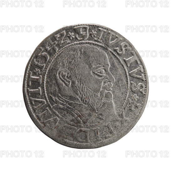 grosz, Straub (Strawb), Heinrich, R0 (rarity), Albrecht Hohenzollern (Prince of Prussia; 1490–1568) — iconography: eagles, Hohenzollern (coat of arms), male busts in armor. Obv.: Prussian eagle, on its chest the crowned letter S. In the rim, between pearl-shaped borders, an inscription beginning with a trefoil ALBER*D*G*MAR*BRAN*DVX*PRVSS. Rev.: Male bust in armor in profile to the right; short hair, long beard with sideburns, dividing the inner border. In the rim, between pearl-shaped borders, an inscription beginning with the Hohenzollern shield *IVSTVS*EX*FID, VIVIT*I54Z*. Date: 1542. Issued in Ducal Prussia (1525–1701), Königsberg. Coin: diameter 23.4 mm, weight 1.95 g, axis 200°.