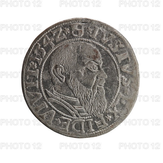 grosz, Straub (Strawb), Heinrich, R0 (rarity), Albrecht Hohenzollern (Prince of Prussia; 1490–1568) — iconography: eagles, male busts in armor, Hohenzollern coat of arms. Obverse: Prussian eagle, on its chest the crowned letter S; in the rim between pearl-shaped borders an inscription beginning with a trefoil ALBER*D*G*MAR*BRAN*DVX*PRVSS. Reverse: Male bust in armor in profile turned to the right; short hair, long beard with sideburns, inner border divided; in the rim between pearl-shaped borders an inscription beginning with the Hohenzollern shield *IVSTVS*EX*FIDE*VIVIT*I54Z*. 1542; Ducal Prussia (1525–1701), Königsberg; coin: diameter 23.6 mm, weight 1.95 g, axis 270°.