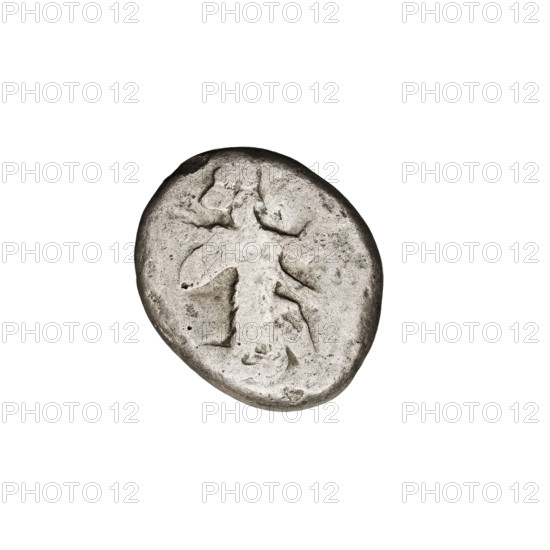 shekel (V–IV centuries BC), Artaxerxes II (404–358 BC), obverse: King Artaxerxes II in a long robe with a crown, turned right, kneeling on his right knee, holding a dagger in his right hand and a bow in his left with a quiver on his back; reverse: incusum; daggers, bows (arms), crowns, scepters; Persia (place of creation), Achaemenid Persian dynasty (550–330 BC), Iran; coin; diameter 12.5 × 15.5 mm; weight 4.25 g