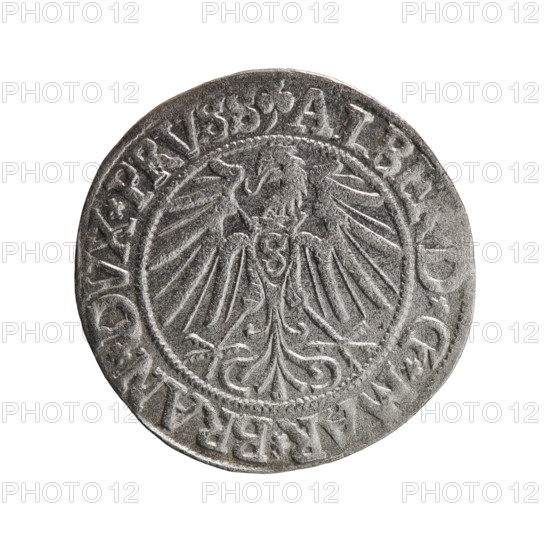 grosz; Straub (Strawb), Heinrich; R0 (rarity). Albrecht Hohenzollern (Prince of Prussia; 1490–1568). Iconography: eagles, Hohenzollern coat of arms, male busts in armour. Obverse: Prussian eagle, on his chest the crowned letter S; in rim between pearl-shaped borders an inscription beginning with a trefoil ALBE, D*G*MAR*BRAN*DVX*PRVSS. Reverse: male bust in armour in profile turned to the right; short hair, long beard with sideburns, dividing the inner border; in rim between pearl-shaped borders an inscription beginning with the Hohenzollern shield *IVSTVS*EX*FIDE*VIVIT*I54Z*. Date: 1542. Place: Ducal Prussia (1525–1701), Königsberg. Coin: diameter 23.6 mm, weight 1.93 g, axis 315°.