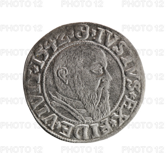 grosz, Straub (Strawb), Heinrich, R0 (rarity), Albrecht Hohenzollern (Prince of Prussia; 1490–1568) — iconography: eagles, Hohenzollern (coat of arms); male bust in armour. Obverse: Prussian eagle, on its chest the crowned letter S; in the rim between pearl-shaped borders an inscription beginning with a trefoil ALBE, D*G*MAR*BRAN*DVX*PRVSS. Reverse: male bust in armour in profile turned to the right; short hair, long beard with sideburns, dividing the inner border; in the rim between the pearl-shaped borders an inscription beginning with the Hohenzollern shield *IVSTVS*EX*FIDE*VIVIT*I54Z*. 1542, Ducal Prussia (1525–1701), Königsberg; coin, diameter 23.6 mm, weight 1.93 g, axis 315°.