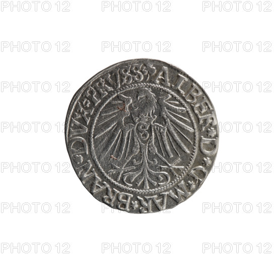 grosz, Straub (Strawb), Heinrich, R0 (rarity), Albrecht Hohenzollern (Prince of Prussia; 1490-1568) - iconography, eagles, Hohenzollern (coat of arms), male busts in armor, Obv. Prussian eagle, on his chest the crowned letter S. In the rim, between the pearl-shaped borders, an inscription beginning with a trefoil ALBER*D*G*MAR*BRAN*DVX*PRVSS Rev. Male bust in armor in profile turned to the right; short hair, long beard with sideburns, dividing the inner border. In the rim, between the pearl-shaped borders, an inscription beginning with the Hohenzollern shield *IVSTVS*EX*FIDE*VIVIT*I54Z*, 1542, Ducal Prussia (1525-1701), Königsberg, coin: diameter 23.0 mm, weight 2.00 g, axis 320 degrees