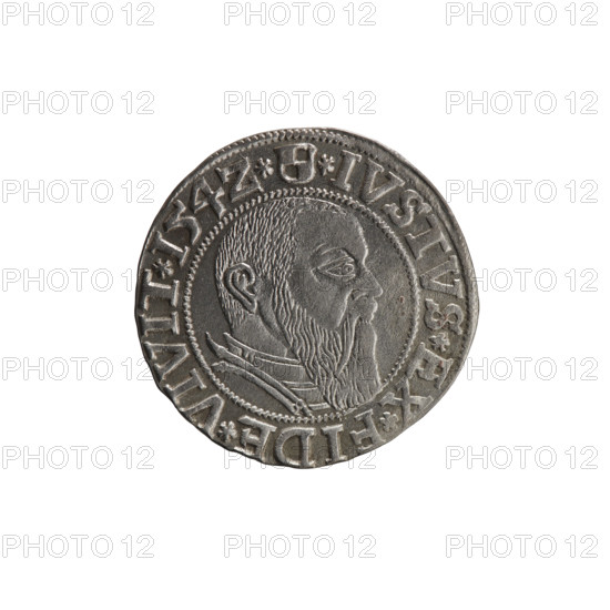 grosz, Straub (Strawb), Heinrich, R0 (rarity). Albrecht Hohenzollern (Prince of Prussia; 1490–1568) — iconography: eagles, Hohenzollern (coat of arms), male busts in armor. Obverse: Prussian eagle, on his chest the crowned letter S; in the rim, between pearl-shaped borders, inscription beginning with a trefoil ALBER*D*G*MAR*BRAN*DVX*PRVSS. Reverse: male bust in armor in profile turned to the right; short hair, long beard with sideburns, dividing the inner border; in the rim, between pearl-shaped borders, inscription beginning with the Hohenzollern shield *IVSTVS*EX*FIDE*VIVIT*I54Z*. 1542. Ducal Prussia (1525–1701), Königsberg. Coin: diameter 23.0 mm, weight 2.00 g, axis 320°.