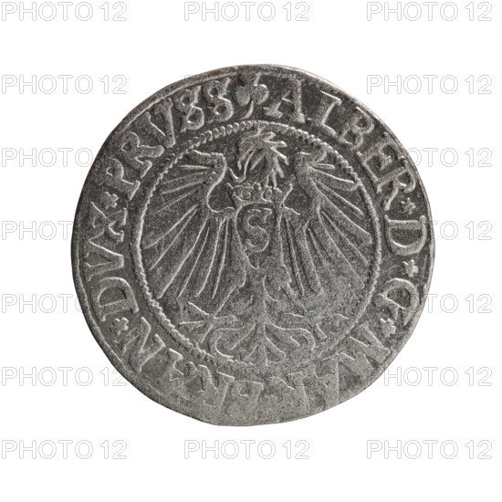 grosz; Straub (Strawb), Heinrich; R0 (rarity). Albrecht Hohenzollern (Prince of Prussia; 1490–1568) — iconography: Hohenzollern coat of arms, male busts in armor, eagles. Obverse: Prussian eagle with crowned letter S on its chest; rim inscription beginning with a trefoil ALBER*D*G*, RAN*DVX*PRVSS. Reverse: male bust in armor in profile turned right; short hair, long beard with sideburns; inner border divided. Rim inscription beginning with the Hohenzollern shield *IVSTVS*EX*FIDE*VI, IT*I54Z*; date 1542. Ducal Prussia (1525–1701), Königsberg. Coin: diameter 23.3 mm, weight 1.80 g, axis 300°.