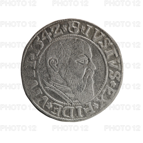 grosz, Straub (Strawb), Heinrich, R0 (rarity), Albrecht Hohenzollern (Prince of Prussia; 1490–1568) - iconography, Hohenzollern (coat of arms), male busts in armor, eagles. Obv.: Prussian eagle, on its chest the crowned letter S; in the rim between pearl-shaped borders, inscription beginning with a trefoil ALBER*D*G*, RAN*DVX*PRVSS. Rev.: Male bust in armor in profile turned to the right; short hair, long beard with sideburns, dividing the inner border; in the rim between pearl-shaped borders, inscription beginning with the Hohenzollern shield *IVSTVS*EX*FIDE*VI, IT*I54Z*; 1542. Ducal Prussia (1525–1701), Königsberg. Coin: diameter 23.3 mm, weight 1.80 g, axis 300°