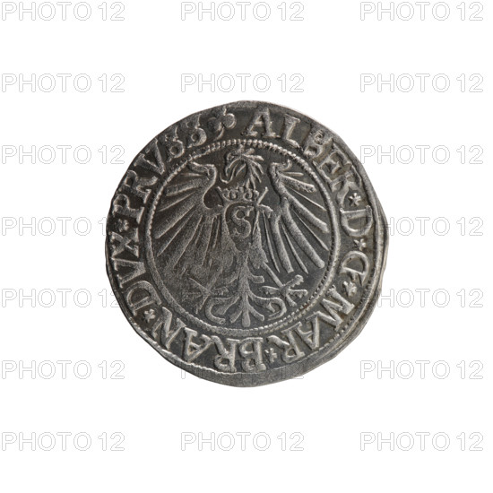 grosz, Straub (Strawb), Heinrich, R0 (rarity), eagles, Albrecht Hohenzollern (Prince of Prussia; 1490-1568) - iconography, Hohenzollern (coat of arms), male busts in armor, Obv. Prussian eagle, on his chest the crowned letter S. In the rim, between the pearl-shaped borders, an inscription beginning with a trefoil ALBER*D*G*MAR*BRAN*DVX*PRVSS. Rev. Male bust in armor in profile turned to the right; short hair, long beard with sideburns, dividing the inner border. In the rim, between the pearl-shaped borders, an inscription beginning with the Hohenzollern shield *IVSTVS*EX*FIDE*VIVIT*I54Z*. 1542, Ducal Prussia (1525-1701), Königsberg, coin: diameter 23.8 mm, weight 2.09 g, axis 30 degrees