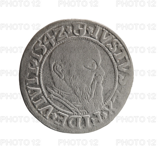 grosz, Straub (Strawb), Heinrich, R0 (rarity), Albrecht Hohenzollern (Prince of Prussia; 1490–1568) - iconography, eagles, Hohenzollern (coat of arms), male busts in armor. Obverse: Prussian eagle, on its chest the crowned letter S; in the rim, between the pearl-shaped borders, an inscription beginning with a trefoil ALBER*D*G*MAR*BRAN*DVX*PRVSS. Reverse: male bust in armor in profile turned to the right; short hair, long beard with sideburns, dividing the inner border; in the rim, between the pearl-shaped borders, an inscription beginning with the Hohenzollern shield *IVSTVS*EX*FIDE*VIVIT*I54Z*. 1542, Ducal Prussia (1525–1701), Königsberg; coin, diameter 23.6 mm, weight 1.82 g, axis 70 degrees.