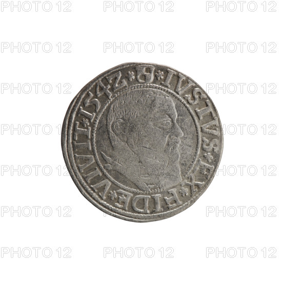 grosz, Straub (Strawb), Heinrich, R0 (rarity), Albrecht Hohenzollern (Prince of Prussia; 1490–1568) — iconography: eagles, Hohenzollern coat of arms, male busts in armor. Obverse: Prussian eagle, on its chest the crowned letter S; in rim between pearl-shaped borders an inscription beginning with a trefoil ALBER*D*G*MAR*BRAN*DVX*PRVSS. Reverse: male bust in armor in profile turned to the right; short hair, long beard with sideburns, dividing the inner border; in rim between pearl-shaped borders an inscription beginning with the Hohenzollern shield *IVSTVS*EX*FIDE*VIVIT*I54Z*. 1542. Ducal Prussia (1525–1701), Königsberg. Coin: diameter 23.6 mm, weight 1.96 g, axis 45°.