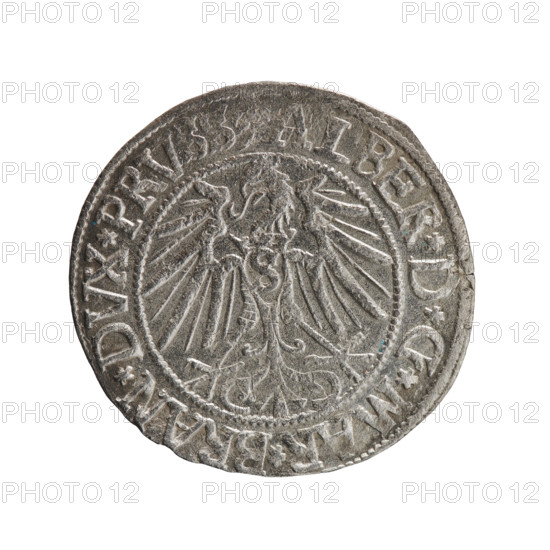 grosz, Straub (Strawb), Heinrich, R0 (rarity), Albrecht Hohenzollern (Prince of Prussia; 1490–1568) - iconography, eagles, Hohenzollern (coat of arms), male busts in armor, Obv. Prussian eagle, on its chest the crowned letter S. In the rim, between the pearl-shaped borders, an inscription beginning with a trefoil ALBER*D*G*MAR*BRAN*DVX*PRVSS Rev. Male bust in armor in profile turned to the right; short hair, long beard with sideburns, dividing the inner border. In the rim, between the pearl-shaped borders, an inscription beginning with the Hohenzollern shield *IVSTVS*EX*, DE*VIVIT*I54Z*, 1542, Ducal Prussia (1525–1701), Königsberg, coin; diameter 23.8 mm, weight 2.02 g, axis 200 degrees