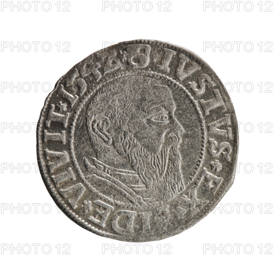 grosz, Straub (Strawb), Heinrich, R0 (rarity), Albrecht Hohenzollern (Prince of Prussia; 1490–1568) — iconography: eagles, Hohenzollern (coat of arms), male busts in armor. Obv.: Prussian eagle, on its chest the crowned letter S; in the rim, between the pearl-shaped borders, an inscription beginning with a trefoil ALBER*D*G*MAR*BRAN*DVX*PRVSS. Rev.: Male bust in armor in profile turned to the right; short hair, long beard with sideburns, dividing the inner border; in the rim, between the pearl-shaped borders, an inscription beginning with the Hohenzollern shield *IVSTVS*EX*, DE*VIVIT*I54Z*. 1542. Ducal Prussia (1525–1701), Königsberg. Coin, diameter 23.8 mm, weight 2.02 g, axis 200°.