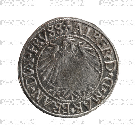 grosz, Straub (Strawb), Heinrich, R0 (rarity), Albrecht Hohenzollern (Prince of Prussia; 1490–1568) — iconography: eagles, Hohenzollern (coat of arms), male busts in armor. Obverse: Prussian eagle; in the rim between pearl-shaped borders an inscription beginning with a trefoil ALBER*D*G*MAR*BRAN*DVX*PRVSS. Reverse: male bust in armor in profile turned to the right; short hair, long beard with sideburns; dividing the inner border. In the rim between the pearl-shaped borders an inscription beginning with the Hohenzollern shield *IVSTVS*EX*FIDE*VIVIT*I54Z*. 1542, Ducal Prussia (1525–1701), Königsberg. Coin: diameter 24.0 mm, weight 2.06 g, axis 270°.