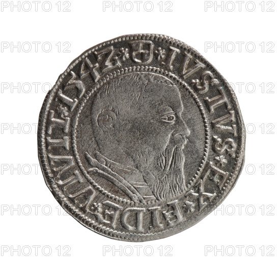 grosz; Straub (Strawb), Heinrich; R0 (rarity). Albrecht Hohenzollern (Prince of Prussia; 1490–1568) — iconography: eagles, Hohenzollern coat of arms, male busts in armor. Obverse: Prussian eagle. In the rim, between the pearl-shaped borders, an inscription beginning with a trefoil: ALBER*D*G*MAR*BRAN*DVX*PRVSS. Reverse: male bust in armor in profile turned to the right; short hair, long beard with sideburns, dividing the inner border. In the rim, between the pearl-shaped borders, an inscription beginning with the Hohenzollern shield: *IVSTVS*EX*FIDE*VIVIT*I54Z*. Date: 1542. Duchy of Prussia (1525–1701), Königsberg. Coin: diameter 24.0 mm, weight 2.06 g, axis 270°.