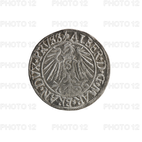 Albrecht Hohenzollern (Prince of Prussia; 1490–1568) — coin (Ducal Prussia, Königsberg), 1542. Obverse: Prussian eagle, on its chest the crowned letter S; rim inscription beginning with a trefoil ALBER*D*G*MAR*BRAN*DVX*PRVSS. Reverse: male bust in armor in profile turned right; short hair, long beard with sideburns; inner border divided by a Hohenzollern shield; rim inscription beginning *IVSTVS*EX*FIDE*VIVIT*I54Z*. Diameter 23.7 mm; weight 1.81 g; axis 20°. Engraver: Heinrich Straub (Strawb). Rarity: R0. Subjects/icons: eagles, Hohenzollern coat of arms, male busts in armor.