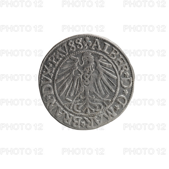 grosz, Straub (Strawb), Heinrich, R0 (rarity), eagles, Albrecht Hohenzollern (Prince of Prussia; 1490–1568) — iconography, Hohenzollern (coat of arms), male busts in armor. Obv.: Prussian eagle, on its chest the crowned letter S; in the rim, between pearl-shaped borders, an inscription beginning with a trefoil ALBER*D*G*MAR*BRAN*DVX*PRVSS. Rev.: Male bust in armor in profile turned to the right; short hair, long beard with sideburns, dividing the inner border; in the rim, between pearl-shaped borders, an inscription beginning with the Hohenzollern shield *IVSTVS*EX*FIDE*VIVIT*I54Z*. 1542. Ducal Prussia (1525–1701), Königsberg. Coin: diameter 23.6 mm, weight 1.94 g, axis 200°.