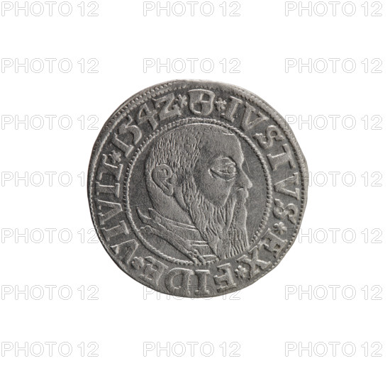 grosz, Straub (Strawb), Heinrich, R0 (rarity), eagles, Albrecht Hohenzollern (Prince of Prussia; 1490-1568) - iconography, Hohenzollern (coat of arms), male busts in armor, Obv. Prussian eagle, on its chest the crowned letter S. In the rim, between the pearl-shaped borders, an inscription beginning with a trefoil ALBER*D*G*MAR*BRAN*DVX*PRVSS Rev. Male bust in armor in profile turned to the right; short hair, long beard with sideburns, dividing the inner border. In the rim, between the pearl-shaped borders, an inscription beginning with the Hohenzollern shield *IVSTVS*EX*FIDE*VIVIT*I54Z*, 1542, Ducal Prussia (1525-1701), Königsberg, coin, diameter 23.6 mm, weight 1.94 g, axis 200 degrees