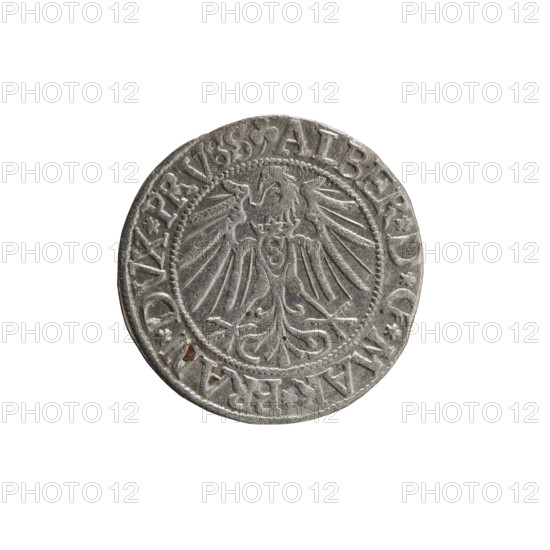 grosz, Straub (Strawb), Heinrich, R0 (rarity), Albrecht Hohenzollern (Prince of Prussia; 1490–1568) — iconography: eagles, Hohenzollern (coat of arms), male busts in armor. Obv.: Prussian eagle, on his chest the crowned letter S; in the rim, between pearl-shaped borders, an inscription beginning with a trefoil ALBER*D*G*MAR*BRAN*DVX*PRVSS. Rev.: Male bust in armor in profile turned to the right; short hair, long beard with sideburns, dividing the inner border; in the rim, between pearl-shaped borders, an inscription beginning with the Hohenzollern shield *IVSTVS*EX*FIDE*VIVIT*I54Z*. 1542, Ducal Prussia (1525–1701), Königsberg; coin: diameter 23.1 mm, weight 1.92 g, axis 315°.