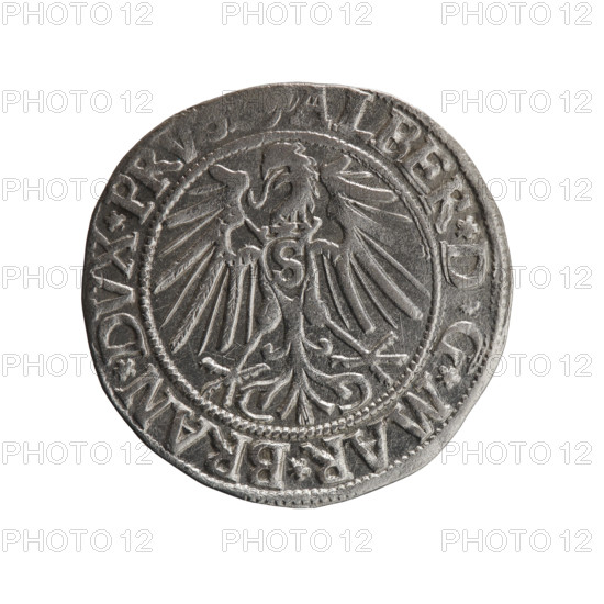 grosz, Straub (Strawb), Heinrich, R0 (rarity), eagles, Albrecht Hohenzollern (Prince of Prussia; 1490–1568) - iconography, Hohenzollern (coat of arms), male busts in armor, Obv. Prussian eagle, on its chest the crowned letter S. In the rim, between the pearl-shaped borders, an inscription beginning with a trefoil ALBER*D*G*MAR*BRAN*DVX*PR. Rev. Male bust in armor in profile turned to the right; short hair, long beard with sideburns, dividing the inner border. In the rim, between the pearl-shaped borders, an inscription beginning with the Hohenzollern shield *IVSTVS,*FIDE*VIVIT*I54Z*, 1542, Ducal Prussia (1525–1701), Königsberg, coin: diameter 23.0 mm, weight 1.95 g, axis 270°