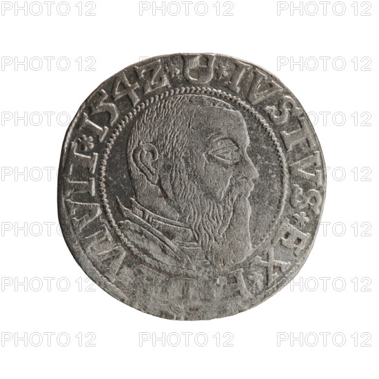 grosz, Straub (Strawb), Heinrich, R0 (rarity), Albrecht Hohenzollern (Prince of Prussia; 1490–1568) — iconography: eagles, Hohenzollern (coat of arms), male busts in armor. Obverse: Prussian eagle, on its chest the crowned letter S; in the rim between pearl-shaped borders an inscription beginning with a trefoil ALBER*D*G, AN*DVX*PRVSS. Reverse: male bust in armor in profile turned to the right; short hair, long beard with sideburns, dividing the inner border; in the rim between pearl-shaped borders an inscription beginning with the Hohenzollern shield *IVSTVS*EX*, IVIT*I54Z*. Date: 1542. Place: Ducal Prussia (1525–1701), Königsberg. Coin: diameter 23.1 mm, weight 1.94 g, axis 350°.