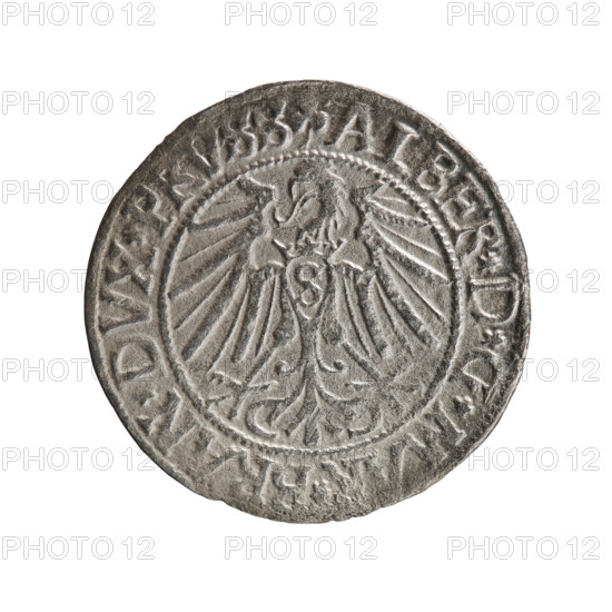 grosz, Straub (Strawb), Heinrich, R0 (rarity), Albrecht Hohenzollern (Prince of Prussia; 1490–1568) — iconography: eagles, Hohenzollern (coat of arms); male busts in armour. Obverse: Prussian eagle, on its chest the crowned letter S. In the rim, between pearl-shaped borders, an inscription beginning with a trefoil ALBER*D*G*MAR*BRAN*DVX*PRVSS. Reverse: male bust in armour in profile turned to the right; short hair, long beard with sideburns, dividing the inner border. In the rim, between pearl-shaped borders, an inscription beginning with the Hohenzollern shield *IVSTVS*EX*FIDE*VIVIT*I54Z*. 1542, Ducal Prussia (1525–1701), Königsberg; coin: diameter 23.3 mm, weight 1.40 g, axis 200°