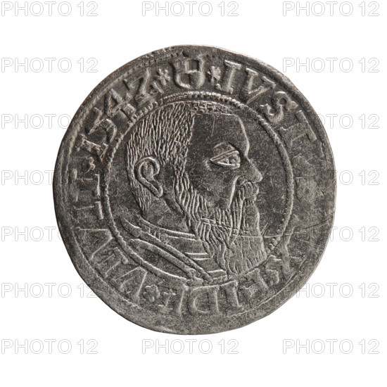 grosz, Straub (Strawb), Heinrich, R0 (rarity), Albrecht Hohenzollern (Prince of Prussia; 1490–1568) — iconography: eagles, Hohenzollern coat of arms, male busts in armor. Obverse: Prussian eagle, on its chest the crowned letter S; in the rim between pearl-shaped borders an inscription beginning with a trefoil ALBER*D*G*MA, N*DVX*PRVSS. Reverse: male bust in armor in profile to the right; short hair, long beard with sideburns, dividing the inner border; in the rim between pearl-shaped borders an inscription beginning with the Hohenzollern shield *IVST, X*FIDE*VIVIT*I54Z*. Date: 1542. Place: Ducal Prussia (1525–1701), Königsberg. Coin: diameter 24.0 mm, weight 1.97 g, axis 45°.