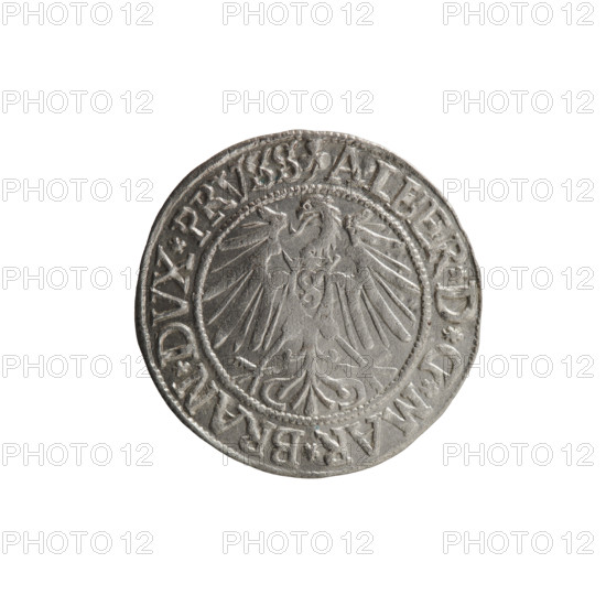 grosz, Straub (Strawb), Heinrich, R0 (rarity), Albrecht Hohenzollern (Prince of Prussia; 1490–1568) — iconography: eagles, Hohenzollern (coat of arms), male busts in armor. Obv.: Prussian eagle, on its chest the crowned letter S; in the rim, between pearl-shaped borders, an inscription beginning with a trefoil A: G*MAR*BRAN*DVX*PRVSS. Rev.: male bust in armor in profile turned to the right; short hair, long beard with sideburns, dividing the inner border; in the rim, between pearl-shaped borders, an inscription beginning with the Hohenzollern shield: *IVST,*EX*FIDE*VIVIT*I54Z*. 1542; Ducal Prussia (1525–1701), Königsberg; coin: diameter 23.6 mm, weight 1.52 g, axis 60°.