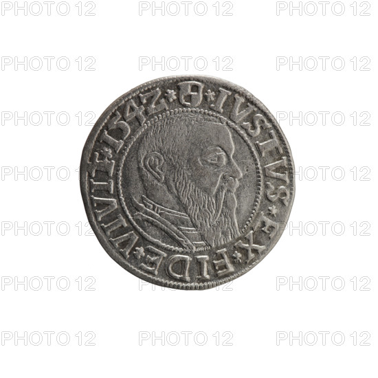 grosz, Straub (Strawb), Heinrich, R0 (rarity). Albrecht Hohenzollern (Prince of Prussia; 1490–1568) — iconography: eagles, Hohenzollern (coat of arms), male busts in armor. Obverse: Prussian eagle, on its chest the crowned letter S; in the rim between pearl-shaped borders an inscription beginning with a trefoil ALBER*D*G*MAR*BRAN*DVX*PRVSS. Reverse: male bust in armor in profile turned to the right; short hair, long beard with sideburns, inner border divided; in the rim between pearl-shaped borders an inscription beginning with the Hohenzollern shield *IVSTVS*EX*FIDE*VIVIT*I54Z*. 1542. Ducal Prussia (1525–1701), Königsberg. Coin: diameter 23.5 mm, weight 1.93 g, axis 280°.