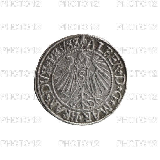 Heinrich Straub (Strawb) grosz, R0 (rarity). Albrecht Hohenzollern (Prince of Prussia; 1490–1568). Obverse: Prussian eagle, on its chest the crowned letter S; in the rim between pearl-shaped borders, inscription beginning with a trefoil ALBER*D*G*MAR*BRAN*DVX*PRVSS. Reverse: Male bust in armor in profile turned to the right; short hair, long beard with sideburns; Hohenzollern shield between the inner border; in the rim between pearl-shaped borders, inscription beginning with *IVSTVS*EX*FIDE*VIVIT*I54Z*. Dated 1542. Ducal Prussia (1525–1701), Königsberg. Coin: diameter 24.1 mm, weight 1.88 g, axis 135°.