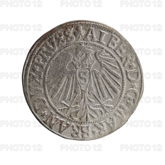 grosz, Straub (Strawb), Heinrich, R0 (rarity), Albrecht Hohenzollern (Prince of Prussia; 1490–1568) — iconography: eagles, Hohenzollern coat of arms; male bust in armour. Obv.: Prussian eagle, on its chest the crowned letter S; in the rim, between pearl-shaped borders, an inscription beginning with a trefoil ALBER*D*G*MAR*BRAN*DVX*PRVSS. Rev.: Male bust in armour in profile turned to the right; short hair, long beard with sideburns, dividing the inner border; in the rim, between pearl-shaped borders, an inscription beginning with the Hohenzollern shield *IVSTVS*EX*FIDE*VIVIT*I54Z*. 1542, Ducal Prussia (1525–1701), Königsberg. Coin: diameter 23.7 mm, weight 1.73 g, axis 45°.