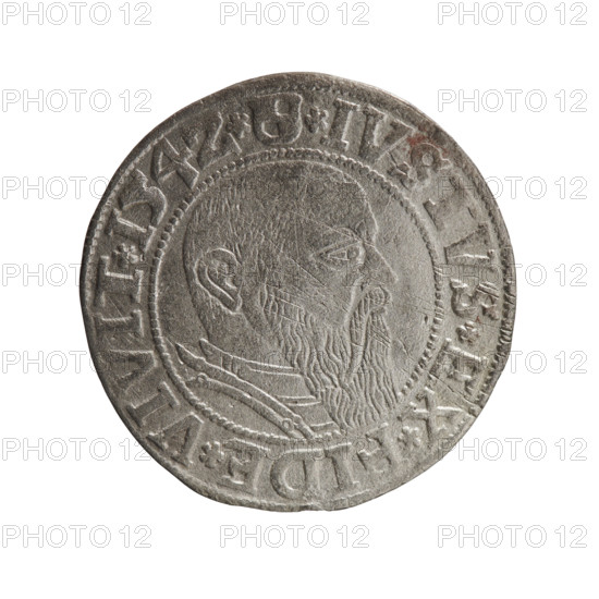 grosz; Straub (Strawb), Heinrich. Albrecht Hohenzollern (Prince of Prussia; 1490–1568). Iconography: eagles, Hohenzollern coat of arms, male busts in armour. Obverse: Prussian eagle, on its chest the crowned letter S; rim between pearl-shaped borders with inscription beginning with a trefoil ALBER*D*G*MAR*BRAN*DVX*PRVSS. Reverse: male bust in armour in profile turned to the right; short hair, long beard with sideburns, inner border divided; rim between pearl-shaped borders with Hohenzollern shield and inscription *IVSTVS*EX*FIDE*VIVIT*I54Z*. Date: 1542. Place: Ducal Prussia (1525–1701), Königsberg. Object: coin. Diameter: 23.7 mm. Weight: 1.73 g. Axis: 45 degrees.