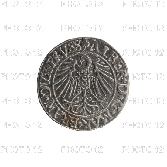 grosz, Straub (Strawb), Heinrich, R0 (rarity). Albrecht Hohenzollern (Prince of Prussia; 1490–1568) — iconography: eagles, Hohenzollern coat of arms, male busts in armor. Obv.: Prussian eagle, on his chest the crowned letter S; in the rim, between pearl-shaped borders, an inscription beginning with a trefoil: ALBER*D*G*MAR*BRAN*DVX*PRVSS. Rev.: Male bust in armor in profile turned to the right; short hair, long beard with sideburns, dividing the inner border; in the rim, between pearl-shaped borders, an inscription beginning with the Hohenzollern shield: *IVSTVS*EX*FIDE*VIVIT*I54Z*. Date: 1542. Place/issue: Ducal Prussia (1525–1701), Königsberg. Coin: diameter 23.3 mm, weight 1.94 g, axis 220°.